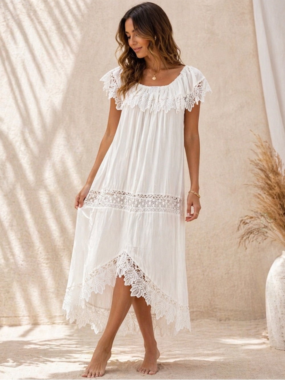 Misslook White Lace Trim Boho Dress Flutter Sleeve Lace Detail Size Large